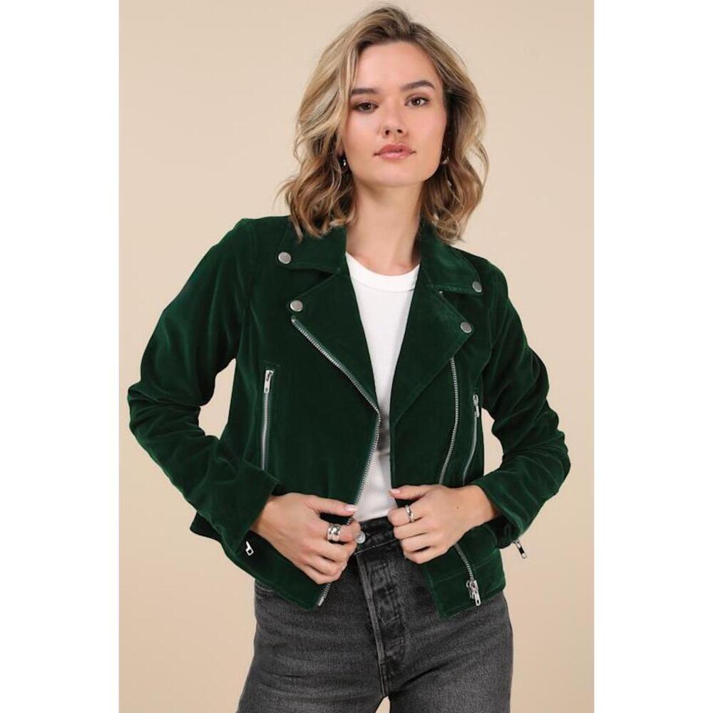 Lulus Style Icon Forest Green Velvet Moto Jacket - Size S